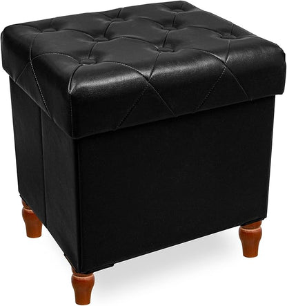 CAROLMADE Folding Storage Ottoman Cube PU Leather Footstool with Wood Legs Ottoman Footrest for Living Room and Bedroom Black, 15x12.6 x 15.4”