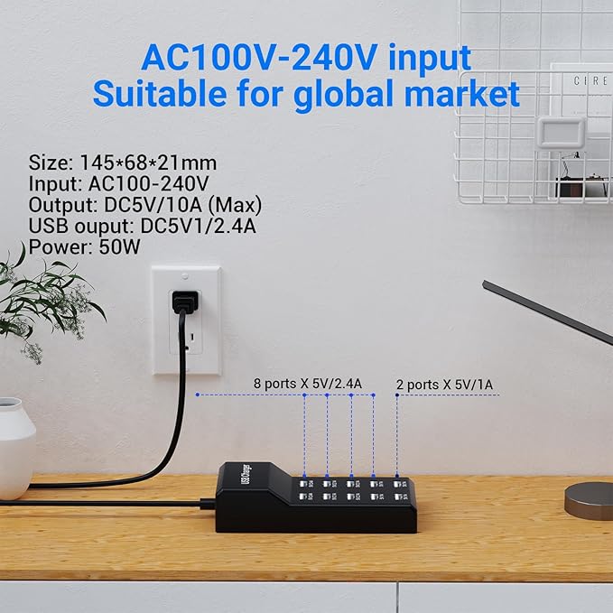 10-Port USB Charger Station, 50W10A Multiport Charger Hub for iPhone, Galaxy, iPad & More, 3.3FT