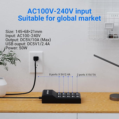 10-Port USB Charger Station, 50W10A Multiport Charger Hub for iPhone, Galaxy, iPad & More, 3.3FT