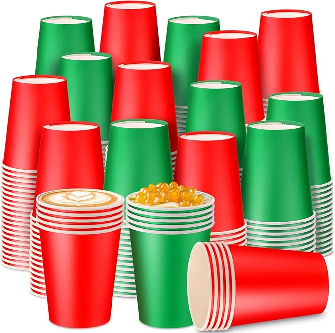 Nosiny 500 Pieces 8 oz Christmas Disposable Cups Red Green Christmas Paper Coffee Cups for Hot Cold Beverage Chocolate Tea Cocoa, Xmas Holiday Table Decorations