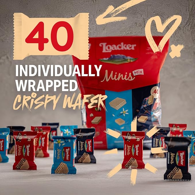 Loacker Minis Wafer Variety Pack - 30% Less Sugar - Premium Assorted Cream Filled Wafer Cookies - Mix of Hazelnut, Chocolate and Vanilla Crispy Wafers - NON-GMO - Sustainably - Pouch (x2) 0.35oz, 80 Individually Wrapped Snack Packs