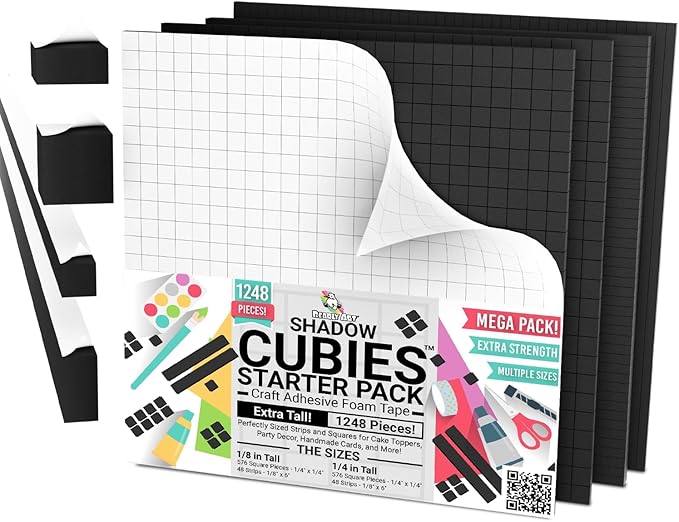 Bearly Art CUBIES The Shadow Collection - Adhesive Foam Tape for DIY Arts and Crafts - Double Sided Tape - Mega Pack with 1248 Total Pieces - Precut Squares & Strips