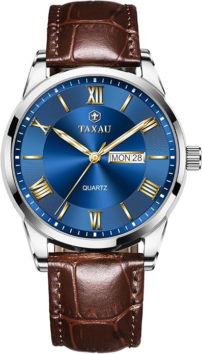Men's Watch Big Face Easy Read Arabic Numeral Dress Watches for Men Classic Black Brown Leather Band Analog Mens Wrist Watch with Day and Date Fashion Business Waterproof Luminous Quartz Watch