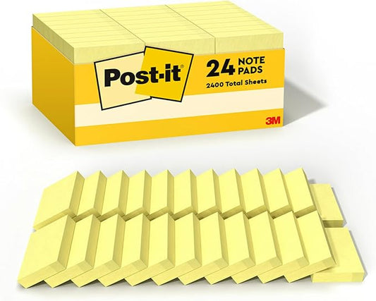Post-it Notes, 1/3/8 x 1 7/8 in, 24 Sticky Notes Pads, 100 Sheets per Pad, Canary Yellow, The Original Post-it Note, School Supplies and Oﬃce Products