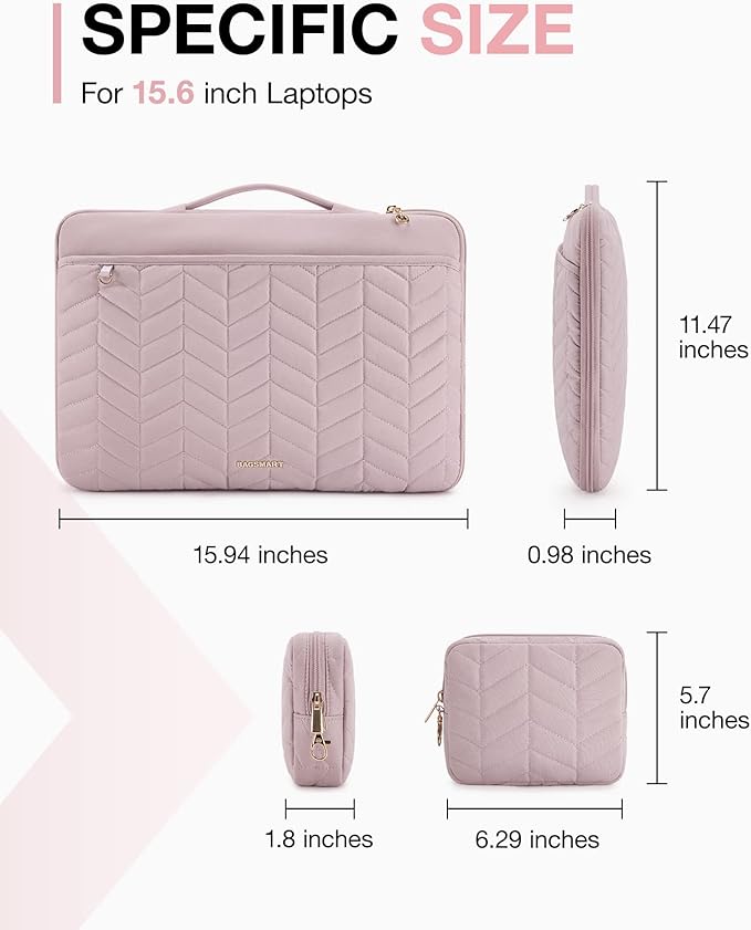 BAGSMART 15-16 inch Laptop Case with Handle, Puffy Padded Laptop Bag Sleeve for Women, Portable MacBook Air/Pro Case Compatible with Dell, HP, Lenovo, ASUS, Acer, Huawei Computer, Pink