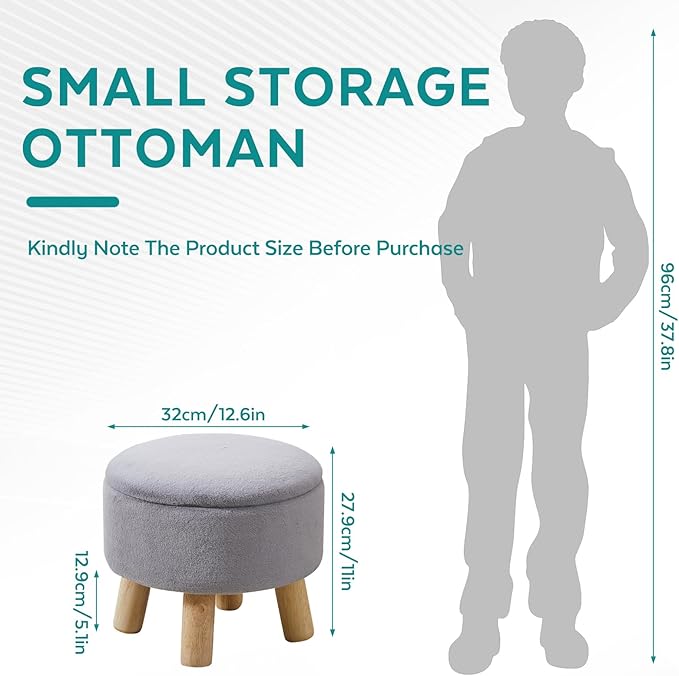Small Foot Stool Ottoman with Storage, Faux Fur Ottoman Foot Rest for Couch, Round Footstool with Storage, Small Ottomans and Footstools for Living Room and Entryway (Gray)
