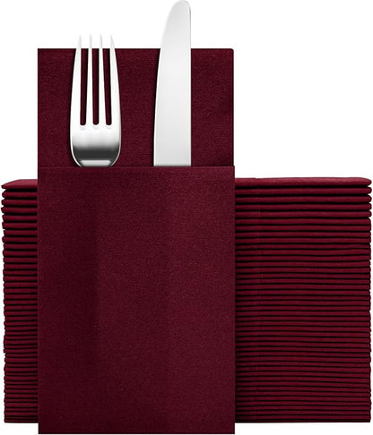 Dark Burgundy Napkins Hand Towels Disposable, Linen-Feel Dinner Napkins with Prefolded Built-in Flatware Pocket, Guest Paper Hand Towels For Wedding, Dinner Or Party (16x16in, 50Pack）