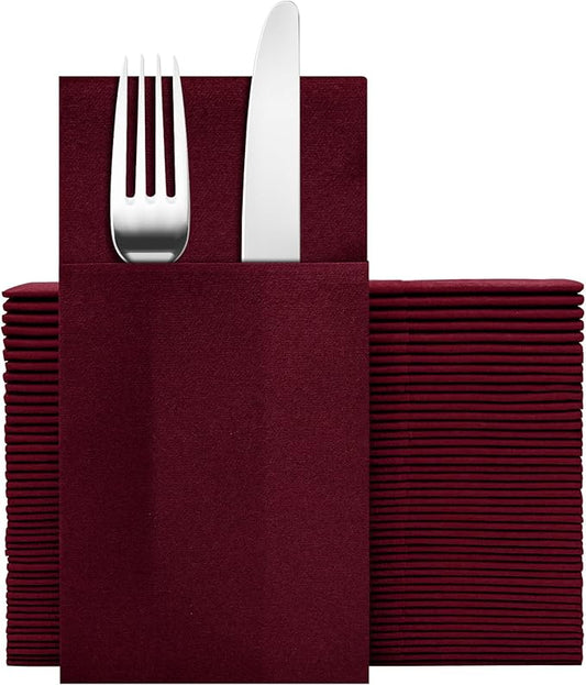 Dark Burgundy Napkins Hand Towels Disposable, Linen-Feel Dinner Napkins with Prefolded Built-in Flatware Pocket, Guest Paper Hand Towels For Wedding, Dinner Or Party (16x16in, 50Pack）