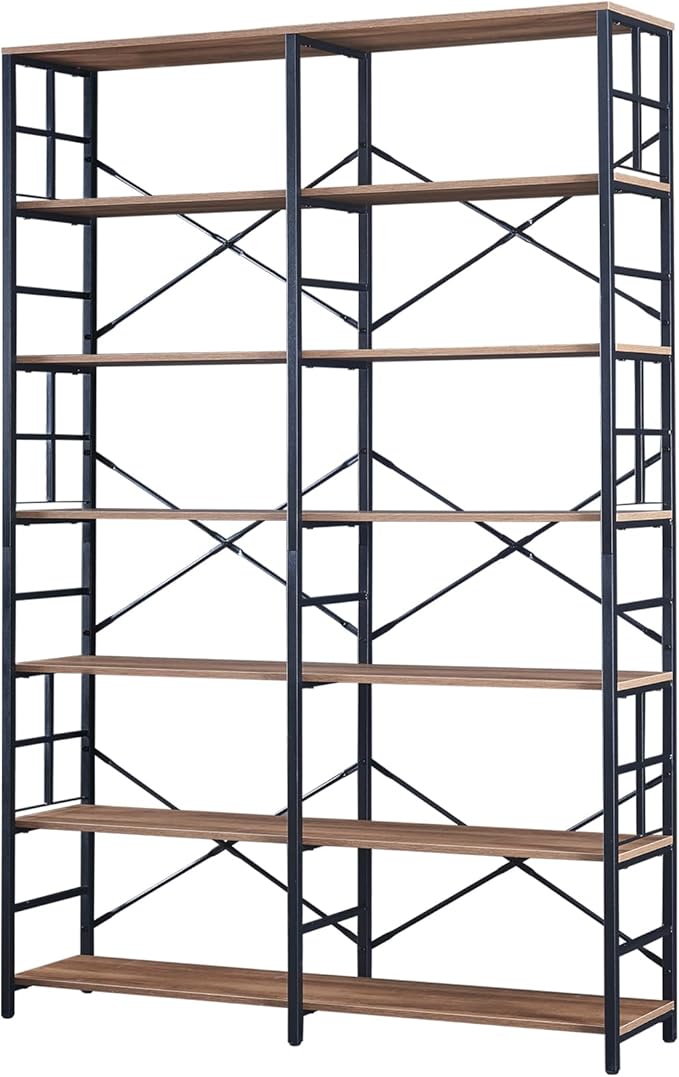 HOMISSUE Bookshelf, Industrial Double Wide 7-Tier Bookshelves, 84" Tall Bookcase with Open Shelves, Heavy Duty Bookcases with Storage for Living Room Home Office, Rustic Brown