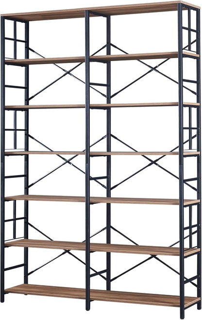 HOMISSUE Bookshelf, Industrial Double Wide 7-Tier Bookshelves, 84" Tall Bookcase with Open Shelves, Heavy Duty Bookcases with Storage for Living Room Home Office, Rustic Brown