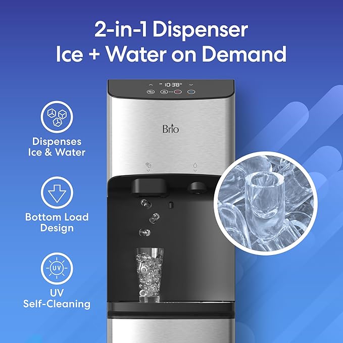 Brio 520 Water Dispenser for 5 Gallon Bottle with Ice Maker Bottom Load | UV Self Cleaning Technology, LED Touch Display with Digital Clock, Night Light, Child Safety Lock | 2X Fast Dispense