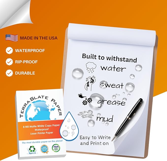 TerraSlate Premium Waterproof Printer Paper, 8 MIL 8.5 x 11 Inches, Durable & Heavy-duty paper (500 Sheets)