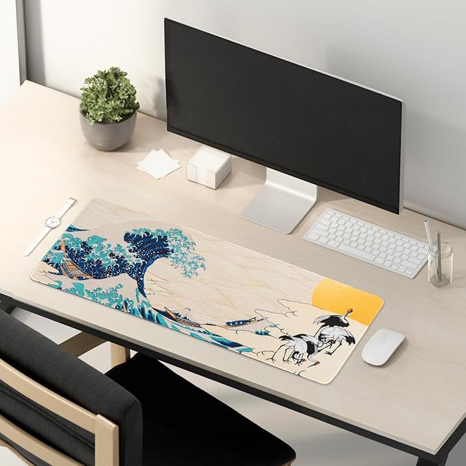 BELLEMOND Japanese Art Desk Mat | Large 31.5x11.8in Desk Pad | Mouse Pad for Keyboard & Mouse | Non-Slip Base, Water-Repellent, Smooth Precision | Waves of Harmony