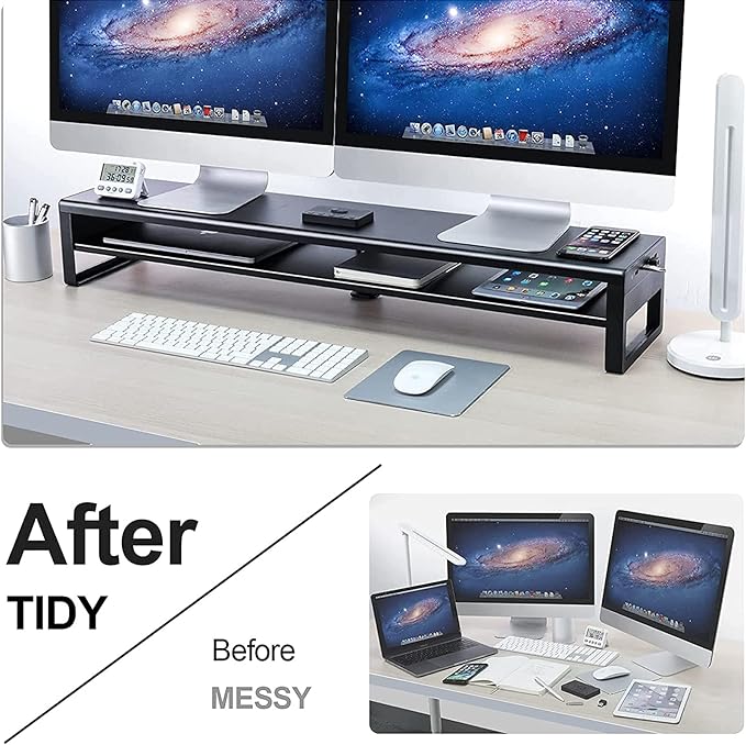 Vaydeer 2 Tiers Dual Monitor Stand USB 3.0 Aluminum Monitor Riser Strong & Sturdy Suitable for Computer,PC Monitor, Laptop, TV, Printer Metal Desk Organizer black