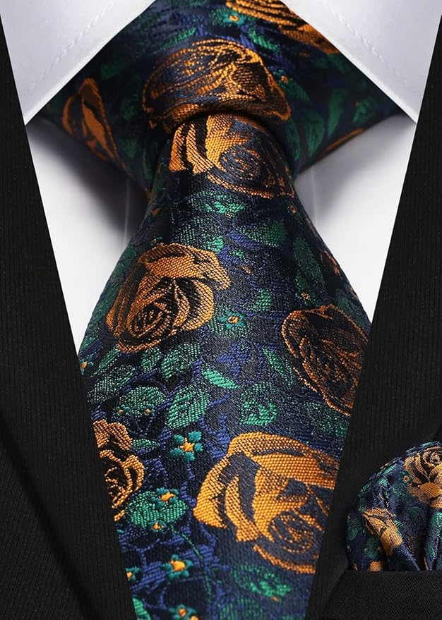 HISDERN Men Floral Ties Woven Classic 3.4" Necktie Set Formal Tie Pocket Square for Wedding with Handkerchief Gift Box