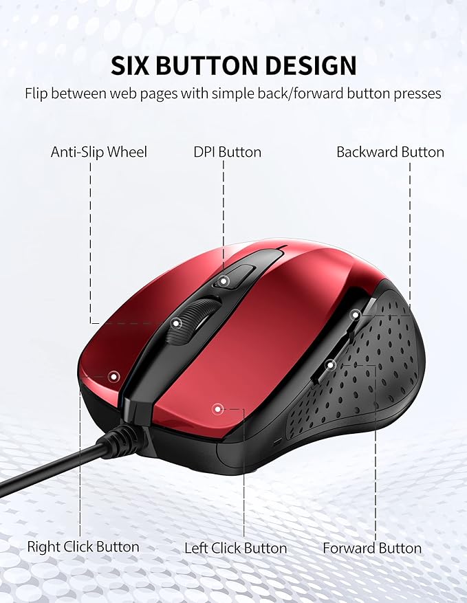 TECKNET USB Wired Mouse, 6-Button Corded Computer Mouse with 4 Adjustable DPI, Optical Computer Mice with Ergonomic Design and 5FT Cord for Laptop, Chromebook, PC, Desktop, Mac, Notebook - Dard Red