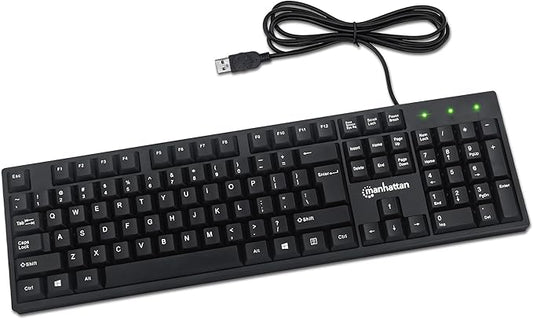 Manhattan Wired Computer Keyboard – Basic Black Keyboard - with 4.5ft USB-A Cable, 104-keys, Foldable Stands - Compatible for Windows, PC, Laptop - 3 Yr Mfg Warranty – 179324