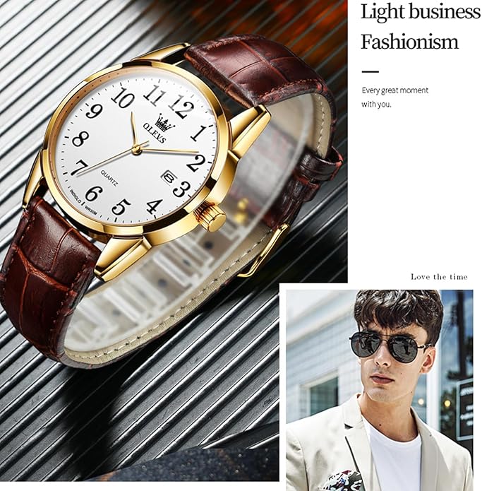 OLEVS Watch Men Mens Watches Watches for Men Leather Band Classic Brown Leather Watch Men, Analog Watch Men, Black Mens Leather Watch, Dress Waterproof Large Face Mens Watch,Relojes para Hombres Watch