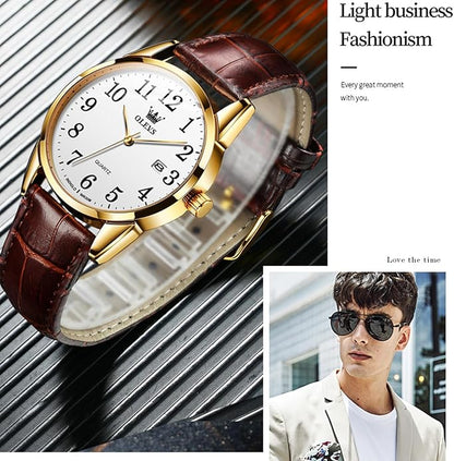 OLEVS Watch Men Mens Watches Watches for Men Leather Band Classic Brown Leather Watch Men, Analog Watch Men, Black Mens Leather Watch, Dress Waterproof Large Face Mens Watch,Relojes para Hombres Watch
