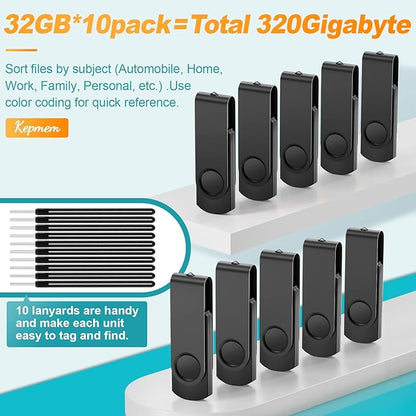 Kepmem USB Flash Drive 64GB 10 Pack USB 2.0 Thumb Drives 64 GB Memory Sticks Portable Jump Pen Drive Bulk Black Pendrive Swivel 10 Pieces Zip Drives Data Storage and Backup