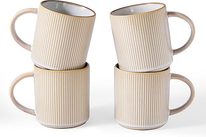 famiware Coffee Mug Set for 4, Star 16 oz Catering Mugs Cup Set with Handle for Coffee, Tea, Cocoa, Milk - Ceramic Stoneware Drinkware Set, Cappuccino White