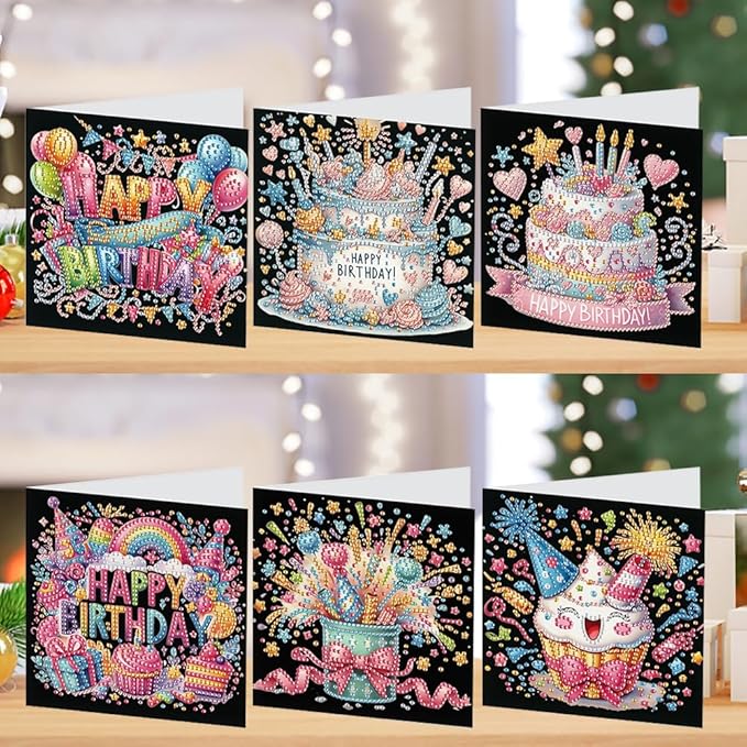 6PCS Diamond Art Painting Greeting Card Set, Birthday Cake Pattern Cards with Envelopes,DIY Card Making Kits Thank You Card Arts Crafts for Birthday