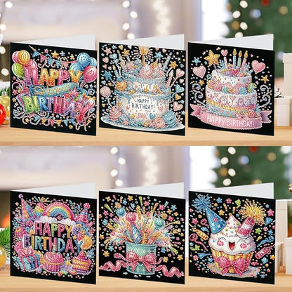 6PCS Diamond Art Painting Greeting Card Set, Birthday Cake Pattern Cards with Envelopes,DIY Card Making Kits Thank You Card Arts Crafts for Birthday