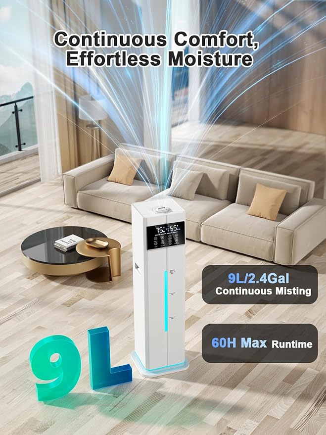 9L/2.4Gal Smart Cool Mist Humidifier, Top Fill Quiet Humidifier Large Room, Covers 550ft², App & Remote Control, 60H Runtime, 7 Colors Light, 4 Mist Modes Humidifiers for Bedroom, Office, White