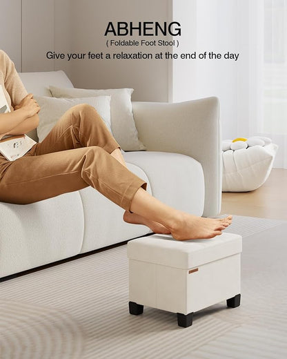 Cube Storage Ottoman, Velvet Foot Stool with Feet, Folding Storage Bench, End of Bed Bench, Storage Chest, for Living Room, Bedroom, 12.6 x 15.8 x 13.2 Inches, Cream White, ASND21W