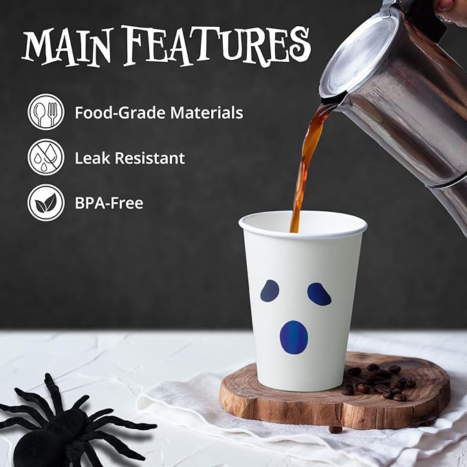 Halloween Disposable Paper Party Cups, Bulk 50 Pack, Leak-Resistant, 12 oz Hot and Cold Cups for Restaurants and Parties, Ghost Face