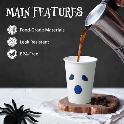 Halloween Disposable Paper Party Cups, Bulk 50 Pack, Leak-Resistant, 12 oz Hot and Cold Cups for Restaurants and Parties, Ghost Face