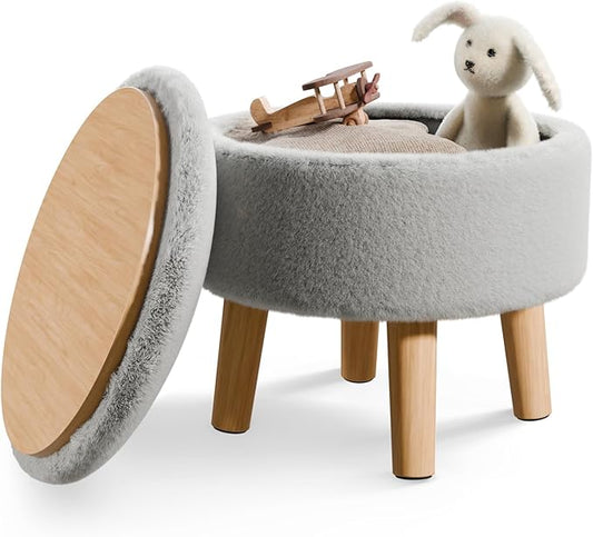 Poofzy Small Ottoman with Storage, Small Foot Stool Ottoman with Wood Legs, Faux Fur Foot Rest for Couch, Living Room and Bedroom - Smog Gray