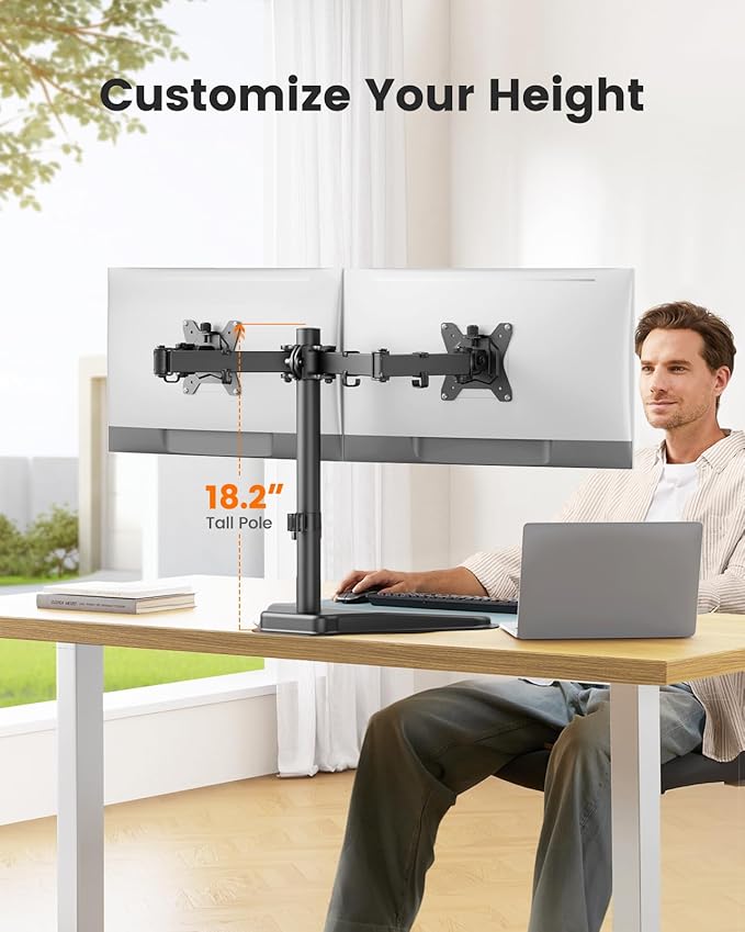 ErGear Freestanding Dual Monitor Stand for 2 Screens up to 32 inch, Heavy Duty Monitor Mount Holds Max 17.6 lbs per Arm, Height Adjustable Computer Monitor Stand for Desk, VESA 75x75/ 100x100mm, Black
