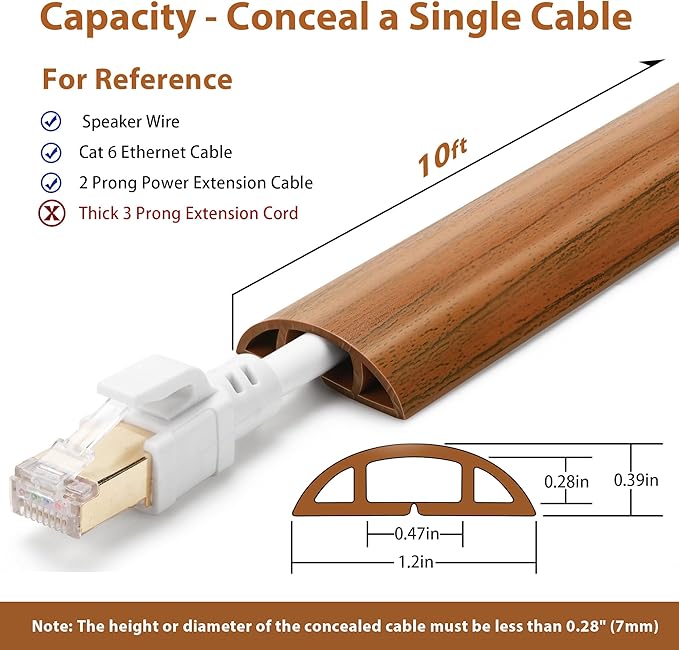 Floor Cord Cover 10ft, Cord Hider Floor Brown Walnut Wood, Floor Cable Management Prevent Cable Trips, Floor Cable Cover Wire Covers for Power Cords, Cord Protector Cord Cavity W0.47in H0.28in