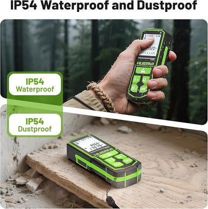 Huepar Laser Distance Measure 395Ft. Digital Rechargeable Laser Measuring Tool with Bluetooth -Phone APP, Angle Sensor, 1/16in Accuracy, M/in/Ft Unit, Pythagorean Mode, Measure Distance, Area, Volume