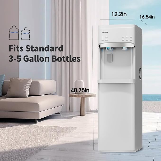 Self Cleaning Hot and Cold Water Cooler Dispenser with Ice Maker for 5 Gallon Bottom Loading 22lbs Daily Capacity Night Light White