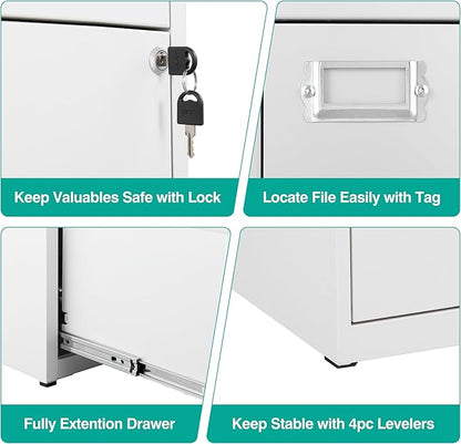 SISESOL 2 Drawer File Cabinet with Lock and Tag,Narrow Two Drawer Filing Cabinet,Vertical Metal File Cabinets,White Small Filing Cabinets for Home Office Fit Letter/A4/Legal Size File,Easy Assembly