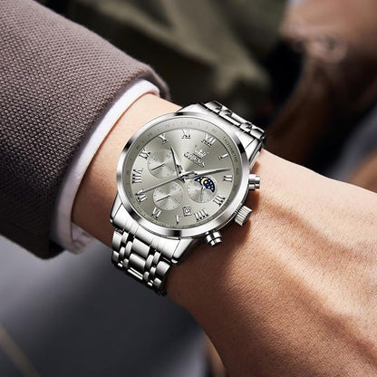OLEVS Mens Stainless Steel Chronograph Watch, Big Face Roman Numerals Date Analog Quartz Dress Watches for Men, Fashion Multifunctional Waterproof Luminous Hands Men's Wristwatch