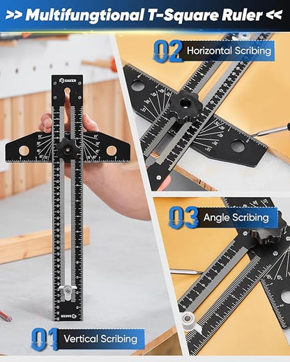 Saker Aluminum Alloy Multi-Angle Marking Ruler,Adjustable Sliding T-Square with Scriber & Protractor,Precision Layout Tool for Woodworking, Carpentry & Design (Black)
