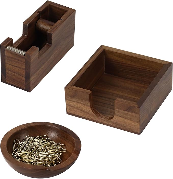 MultiBey 3pcs Walnut Office Supplies Desk Organizers, Wooden Sticky Notes Pad Holder Post it Dispenser, Paper Clips Holder and Tape Dispenser Cutter for Office Home School