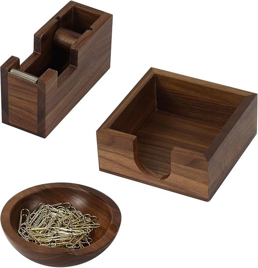 MultiBey 3pcs Walnut Office Supplies Desk Organizers, Wooden Sticky Notes Pad Holder Post it Dispenser, Paper Clips Holder and Tape Dispenser Cutter for Office Home School