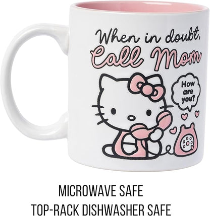 Silver Buffalo Sanrio Hello Kitty “When in Doubt, Call Mom” Wax Resist Ceramic Mug, 20 Ounces