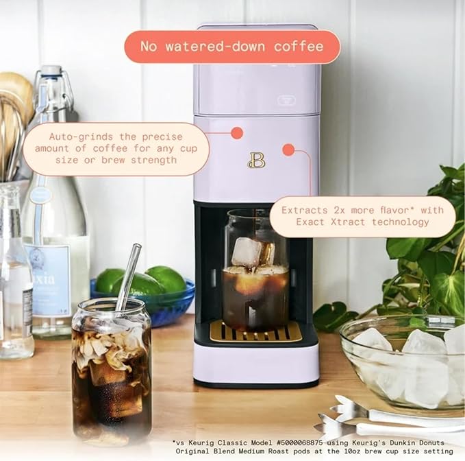 Beautiful Perfect Grind Programmable Single Serve Coffee Maker with Touch-activated Display, Programmable and Integrated Burr Grinder, 64oz Water Reservoir (Lavender)