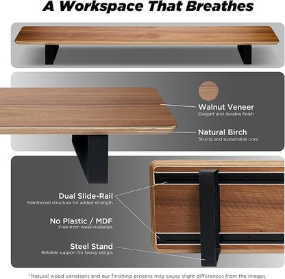 Moodular Wooden Monitor Stand 45.6” (116cm) Large Desk Organizer with Metal Slide Rails for Drawer, Tray, Laptop, Tablet, Phone & Headphones Customizable Riser for Organized Workspace Walnut