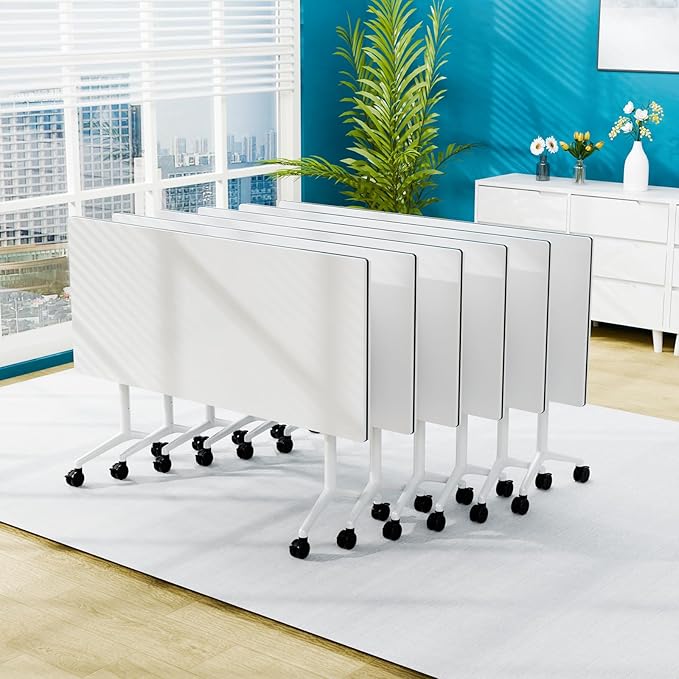 Conference Table Folding Conference Room Tables, Modern Mobile Meeting Training Table with Silent Wheels, Foldable Seminar Table for Offices, Classrooms, Libraries (6, White, 55.1in)