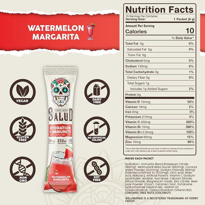 Salud 2-in-1 Hydration and Immunity Electrolytes Powder, Watermelon Margarita - 15 Servings, Agua Fresca Drink Mix, Elderberry, Dairy & Soy Free, Non-GMO, Gluten Free, Vegan, Low Calorie, 1G Sugar
