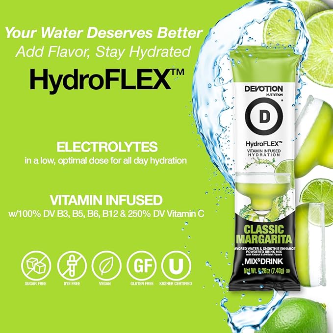 Devotion Nutrition HydroFLEX Water Flavoring Packets – Sugar-Free Hydration with Vitamins & Electrolytes – Dye-Free, Gluten-Free (Classic Margarita) 12-Pack Drink Mix