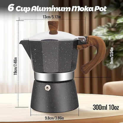 6 Cup Aluminum Moka Pot Classic Stovetop Espresso Coffee Maker 300ml 10oz Coffeemaker Percolator Mocha Pot Greca Coffee Maker Cafe Makers for Italian and Cuban Café Brewing Gray