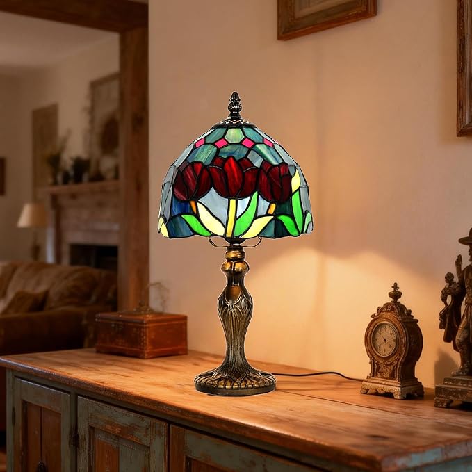 Stained Glass Lamp，Tulip Style Table Lamp，8 Inch Small Antique Lamp, for Bedside Nightstand Bedroom Living Room Home Office