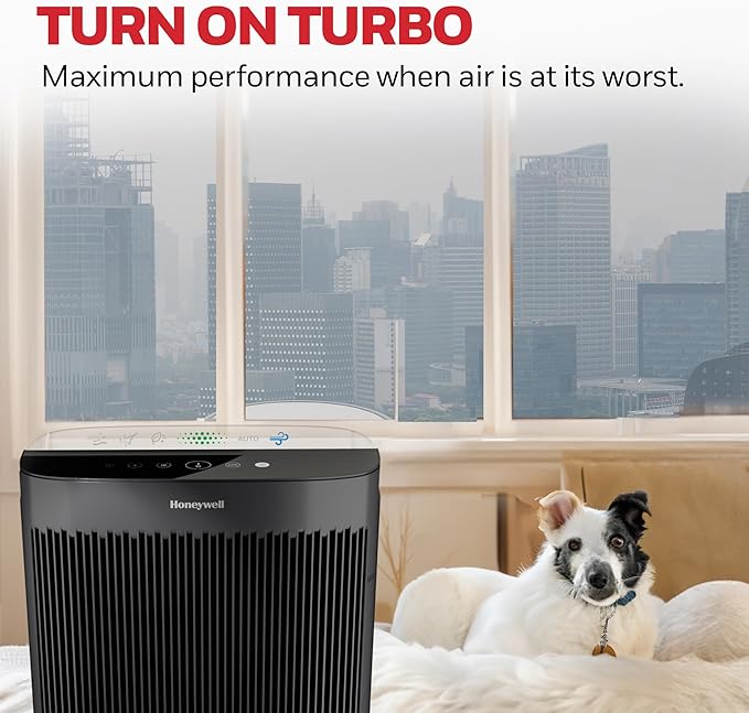 Honeywell Allergen Plus HEPA Air Purifier for Home Large Rooms up to 2400 Ft², Air Quality Monitor, Auto Mode, Reduces Allergens, Pollen, Pet Dander, Odors, Smoke, Black, HPA5300B